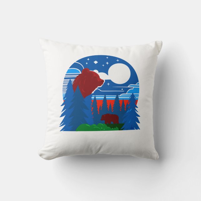 Bold Geometric Bear and Forest Illustration Cushion (Front)