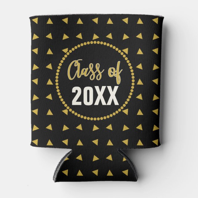 Bold Geometric Black Gold Graduation Class Reunion Can Cooler (Front)