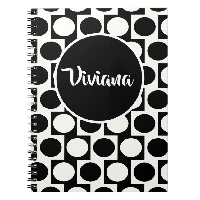Bold Geometric Black White Circles Squares Spiral Notebook (Front)