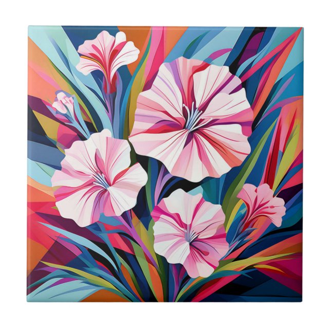 Bold Geometric Dianthus Flowers Ceramic Tile (Front)