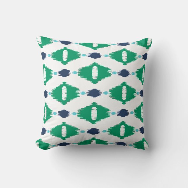 Bold geometric green and navy tribal ikat print cushion (Front)