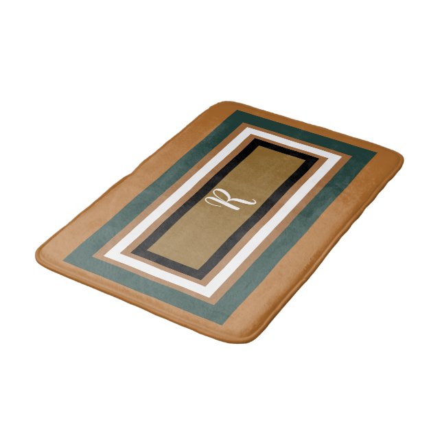Bold Geometric Green Bronze Copper Monogram Bath Mat (Angled)