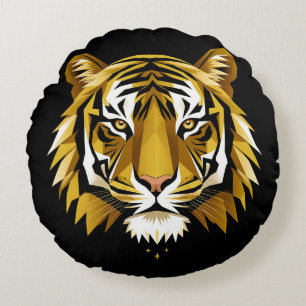 Bold Geometric Tiger Portrait With Abstract Golden Round Cushion