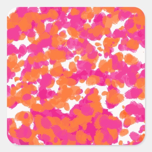 Bold Girly Hot Pink Fuchsia Orange Paint Splashes Square Sticker (Front)