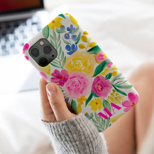 Bold girly pink yellow floral watercolor monogram iPhone 11 pro max case