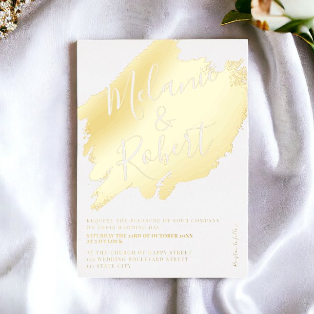 bold gold brushstroke white chic wedding initials (bold gold brushstroke white chic wedding initials foil invitation)
