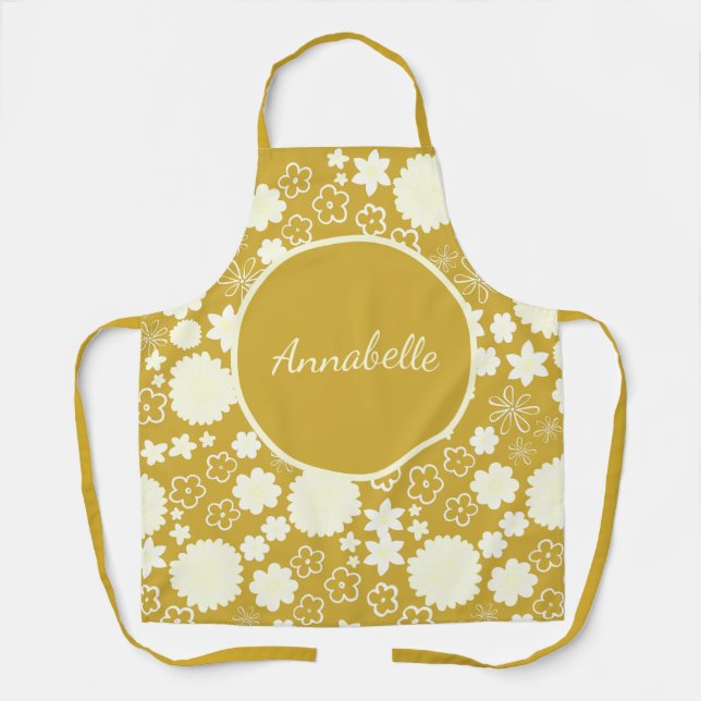 Bold Gold Cream Flowers Floral Pattern Named  Apron (Front)