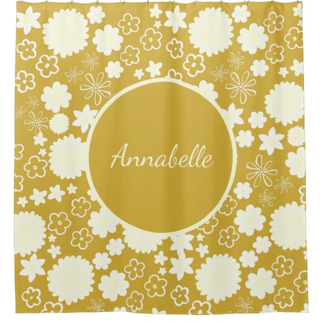 Bold Gold Cream Flowers Floral Pattern Named Shower Curtain (Front)