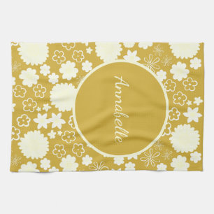 Bold Gold Cream Flowers Floral Pattern Named Tea Towel