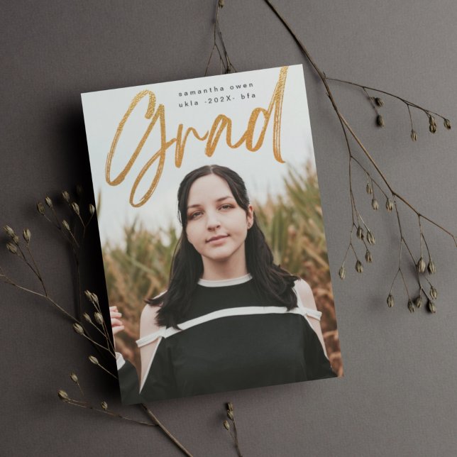 Bold Gold Foil Brush Grad Modern Photo University Announcement (Creator Uploaded)