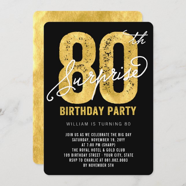 Bold Gold Foil Surprise 80th Birthday Party Invite (Front/Back)
