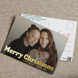 Bold Gold Fun Merry Christmas Heart Family Photo Foil Holiday Postcard