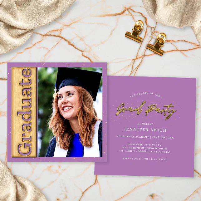 Graduation Frame Lavender Bold Gold Lavender Photo Graduation Graduate Party Invitation | Zazzle