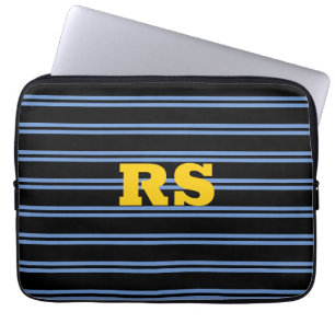 Bold Gold Monogram, Name, Blue Lines on Black Laptop Sleeve