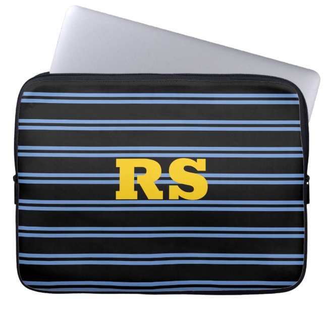 Bold Gold Monogram, Name, Blue Lines on Black Laptop Sleeve (Front)