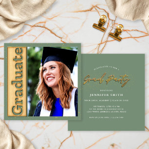 Bold Gold Sage Photo Graduation Graduate Party Invitation