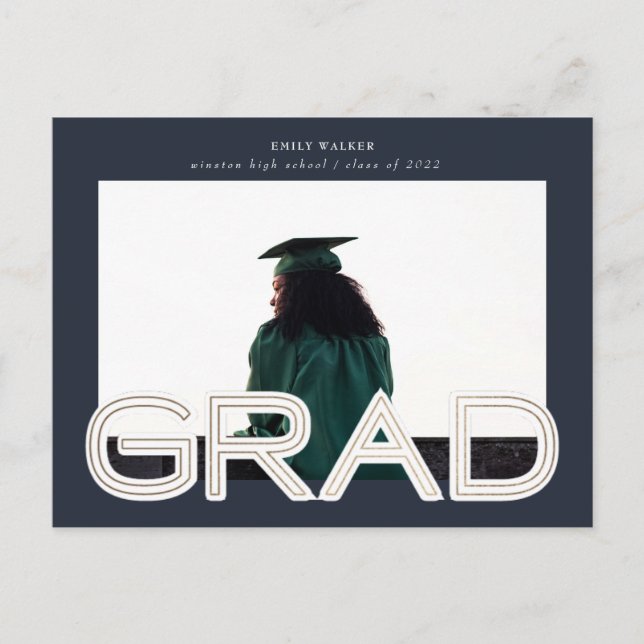 bold gold script graduation announcement photo postcard (Front)