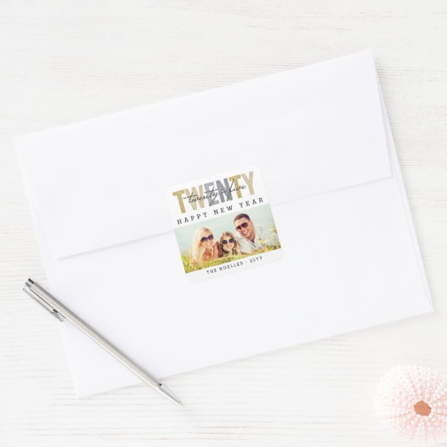 Bold Gold & Silver Typography 2025 New Year Photo Square Sticker (Envelope)