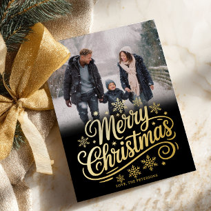 Bold Gold Snowflakes Script Merry Christmas Photo Foil Holiday Card