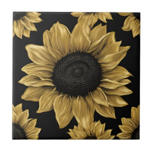 Bold Gold Sunflower on Black Ceramic Tile
