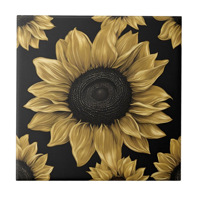  Bold Gold Sunflower on Black Ceramic Tile (Front)