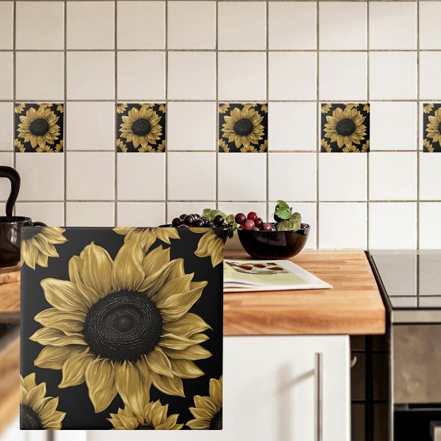  Bold Gold Sunflower on Black Ceramic Tile (Creator Uploaded)