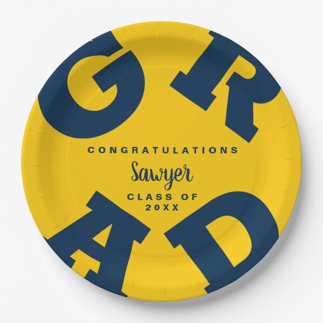Bold GRAD Blue on Yellow Graduation Paper Plate (Front)