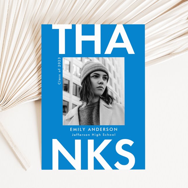 Bold Grad Blue Photo Graduation Thank You Card (Creator Uploaded)