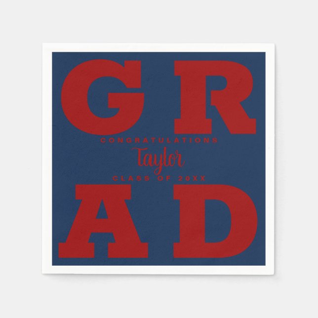 Bold GRAD | Dark Red on Blue Graduation Napkins (Front)