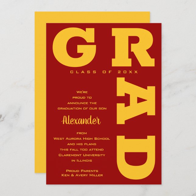 Bold GRAD Gold Cardinal Red Graduation Announcement (Front/Back)