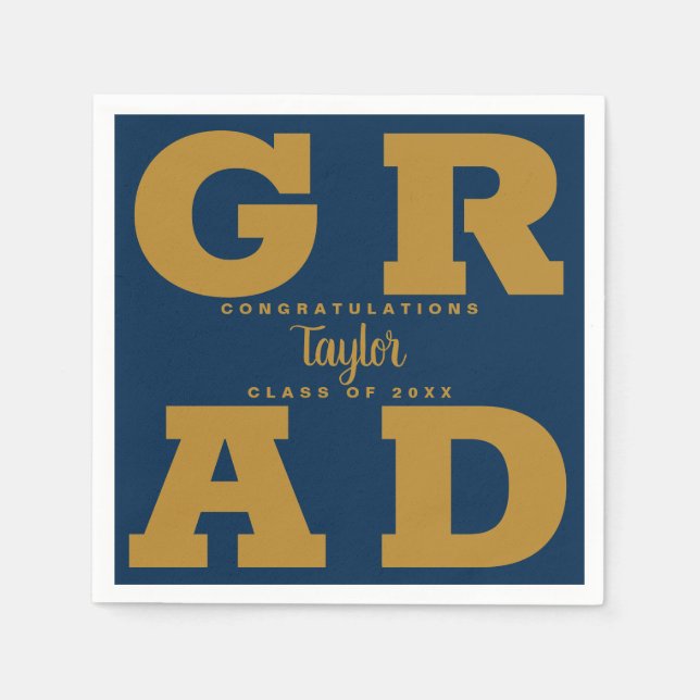 Bold GRAD | Gold on Navy Graduation Paper Napkins (Front)