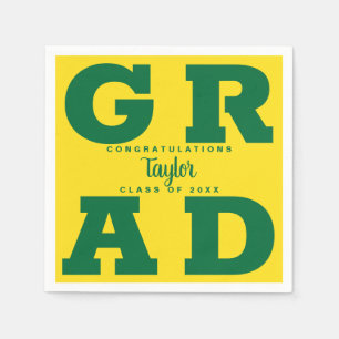 Bold GRAD Green on Yellow Graduation Napkins