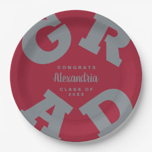 Bold GRAD Grey on Crimson Red Graduation Plates