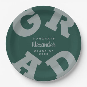 Bold GRAD Grey on Dark Green Graduation Plates