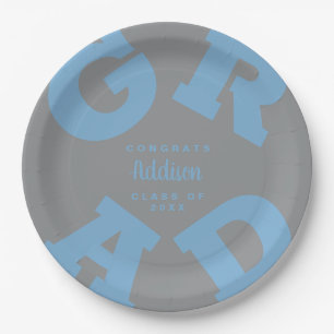 Bold GRAD Grey on Powder Blue Graduation Plates
