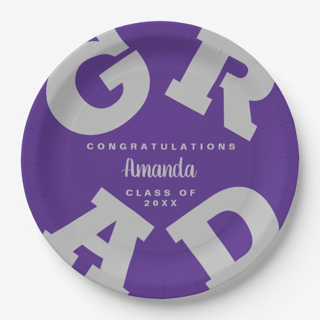 Bold GRAD Grey on Purple Graduation Custom Paper Plate (Front)