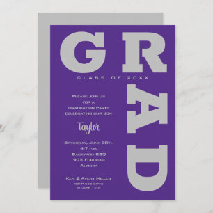 Bold GRAD Grey on Purple Graduation Invitation