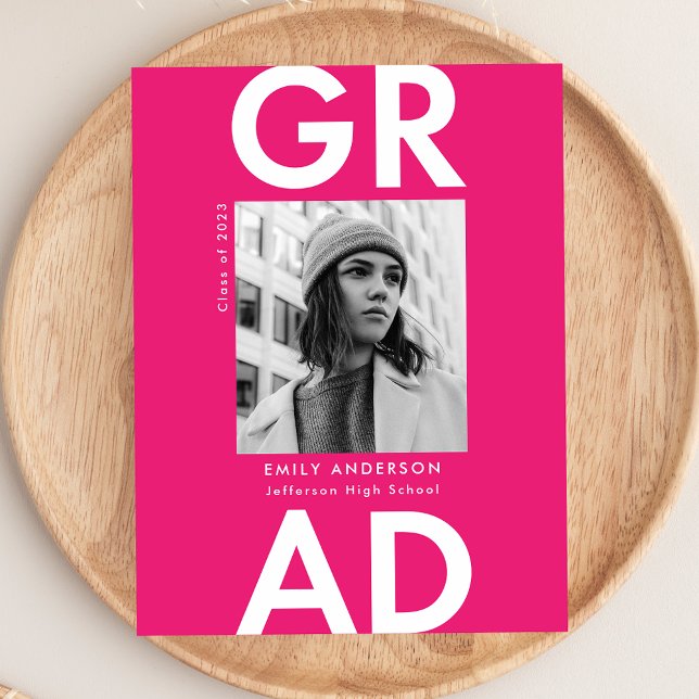 Bold Grad Hot Pink Photo Graduation Party Invitation Postcard (Creator Uploaded)