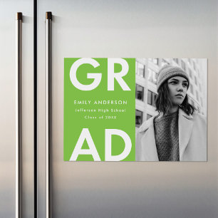 Bold Grad Lime Green Photo Graduation Magnetic Invitation