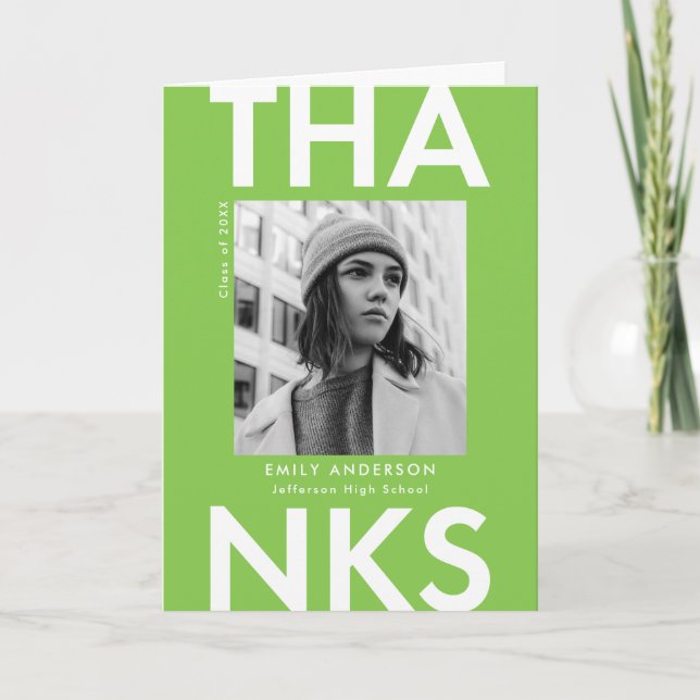 Bold Grad Lime Green Photo Graduation Thank You Card (Front)