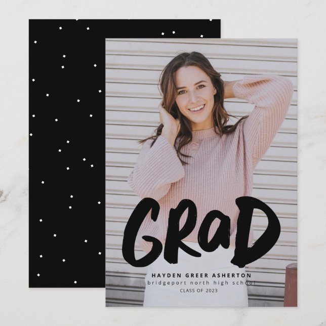 Bold grad modern black one photo graduation announcement (Front/Back)