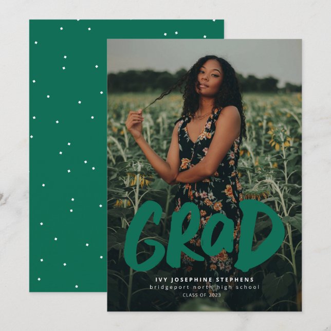 Bold grad modern green one photo graduation announcement (Front/Back)