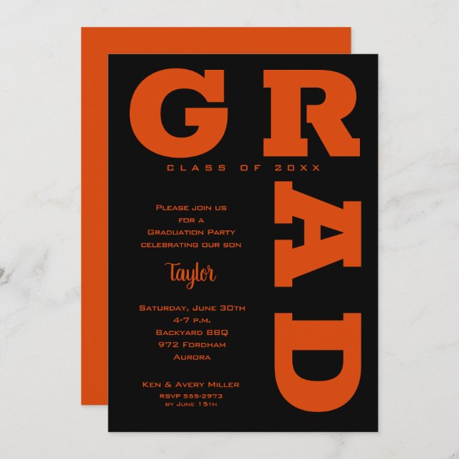 Bold GRAD Orange on Black Graduation Invitation (Front/Back)