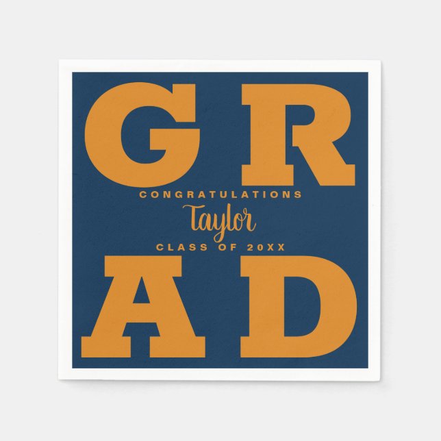 Bold GRAD | Orange on Navy Graduation Paper Napkin (Front)