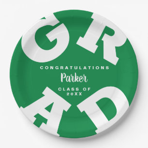 Bold GRAD Personalised White on Green Graduation Paper Plate