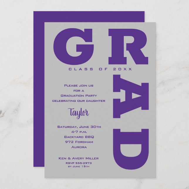 Bold GRAD Purple and Grey Graduation Invitation (Front/Back)