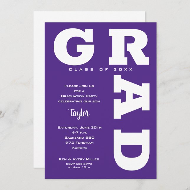 Bold GRAD Purple and White Graduation Invitation (Front/Back)