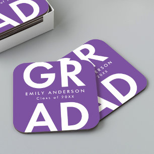 Bold Grad Purple Graduation Party Square Paper Coaster