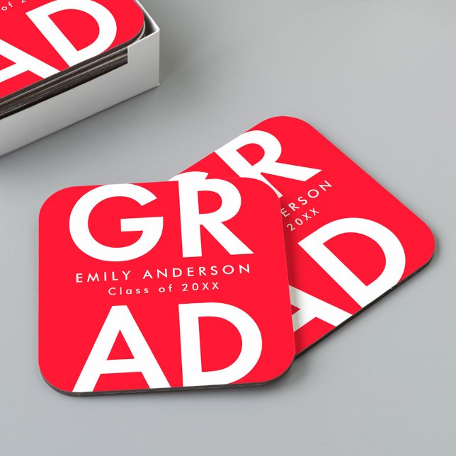Bold Grad Red Graduation Party Square Paper Coaster (Creator Uploaded)