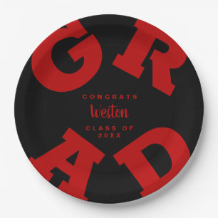 Bold GRAD Scarlet Red on Black Custom Graduation Paper Plate